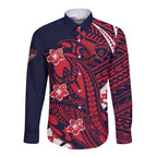 Personalized Melbourne Demons Long Sleeve Button Shirt Polynesian Tribal Demon Mascot With Hibiscus Floral Art