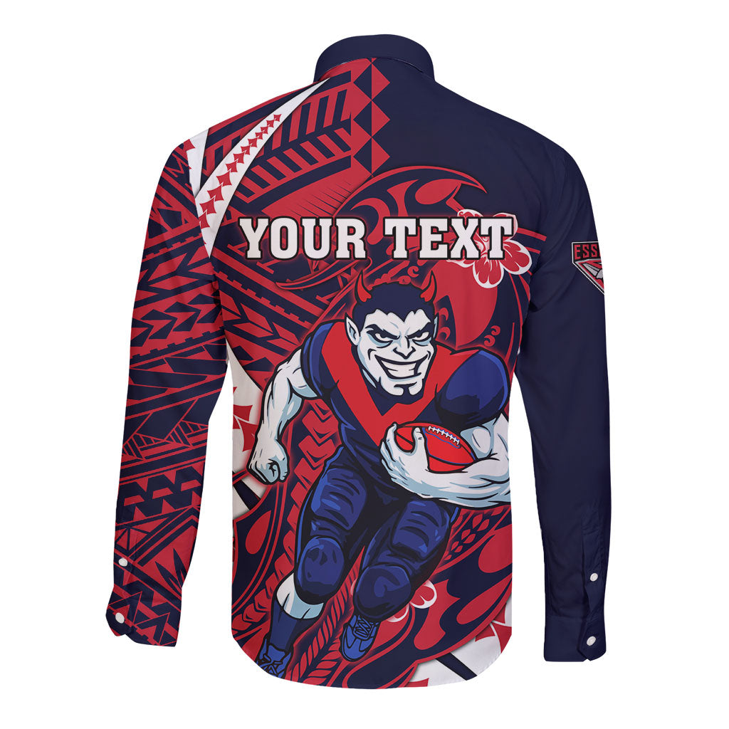 Personalized Melbourne Demons Long Sleeve Button Shirt Polynesian Tribal Demon Mascot With Hibiscus Floral Art