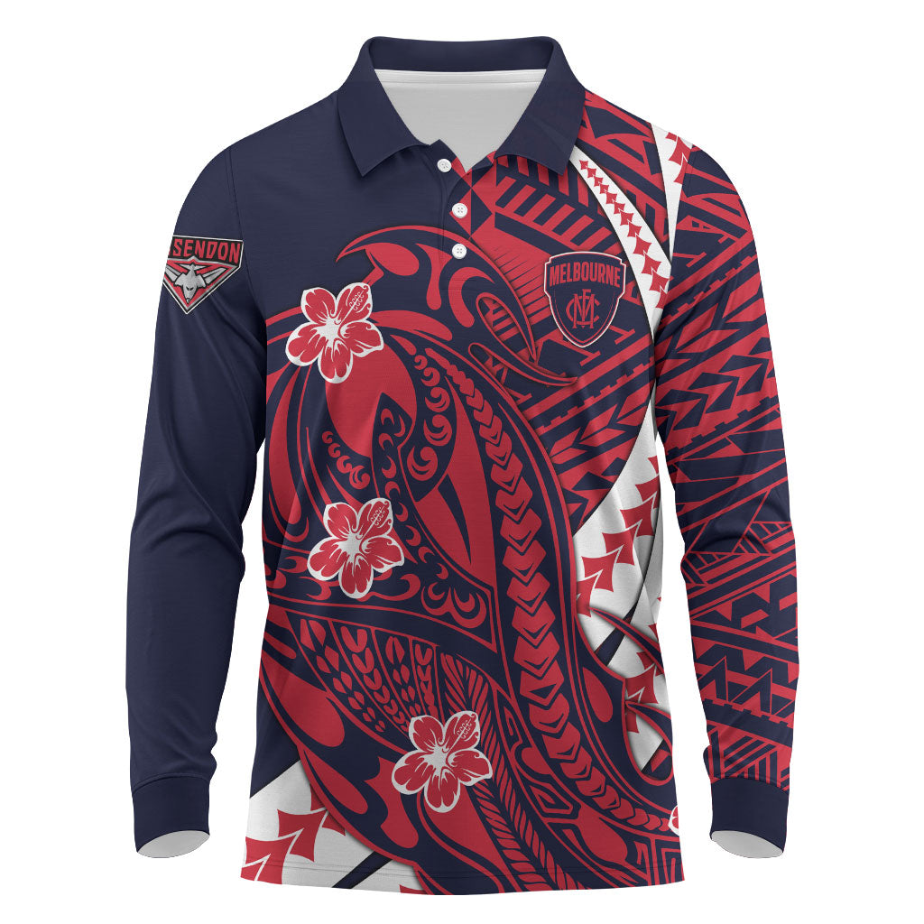 Personalized Melbourne Demons Long Sleeve Polo Shirt Polynesian Tribal Demon Mascot With Hibiscus Floral Art