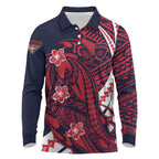 Personalized Melbourne Demons Long Sleeve Polo Shirt Polynesian Tribal Demon Mascot With Hibiscus Floral Art