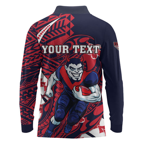 Personalized Melbourne Demons Long Sleeve Polo Shirt Polynesian Tribal Demon Mascot With Hibiscus Floral Art