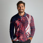 Personalized Melbourne Demons Long Sleeve Polo Shirt Polynesian Tribal Demon Mascot With Hibiscus Floral Art