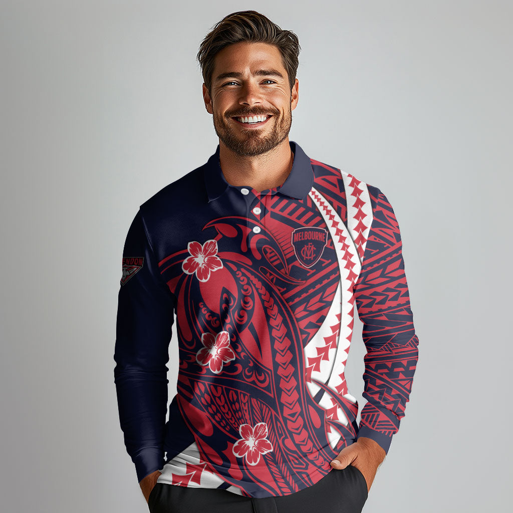 Personalized Melbourne Demons Long Sleeve Polo Shirt Polynesian Tribal Demon Mascot With Hibiscus Floral Art