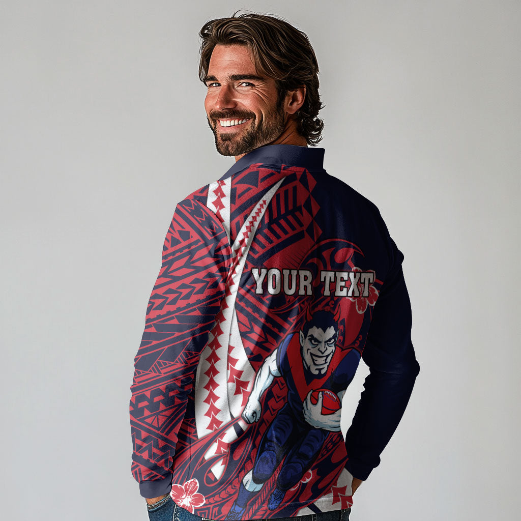 Personalized Melbourne Demons Long Sleeve Polo Shirt Polynesian Tribal Demon Mascot With Hibiscus Floral Art