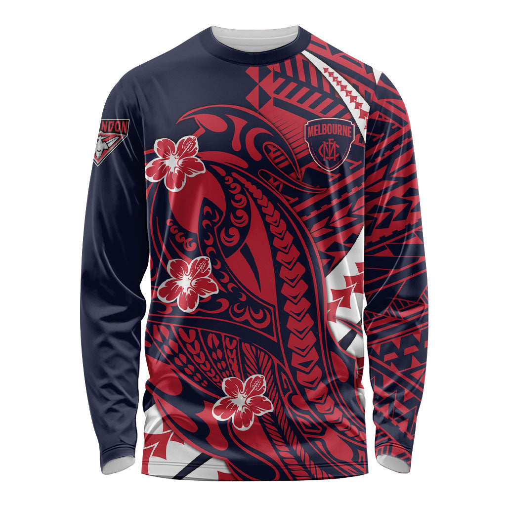 Personalized Melbourne Demons Long Sleeve Shirt Polynesian Tribal Demon Mascot With Hibiscus Floral Art