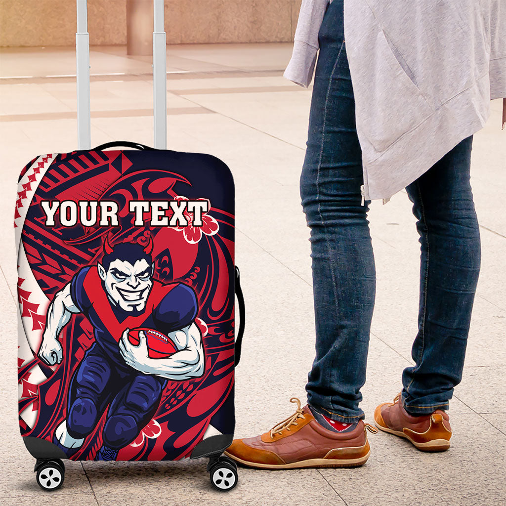 Personalized Melbourne Demons Luggage Cover Polynesian Tribal Demon Mascot With Hibiscus Floral Art