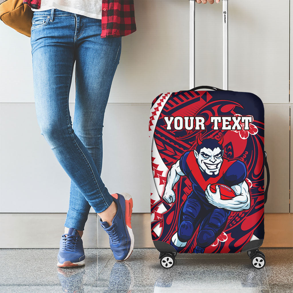 Personalized Melbourne Demons Luggage Cover Polynesian Tribal Demon Mascot With Hibiscus Floral Art