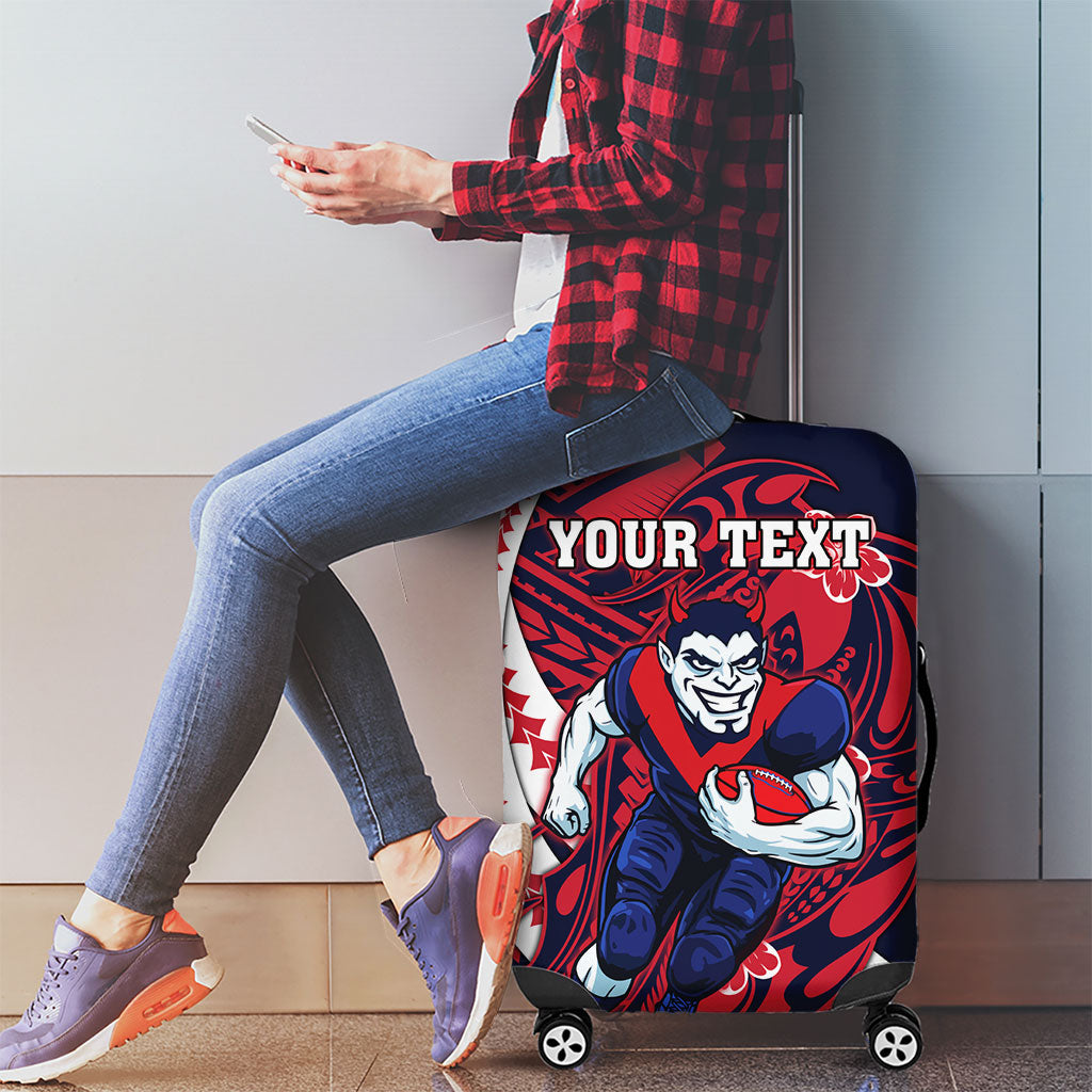 Personalized Melbourne Demons Luggage Cover Polynesian Tribal Demon Mascot With Hibiscus Floral Art