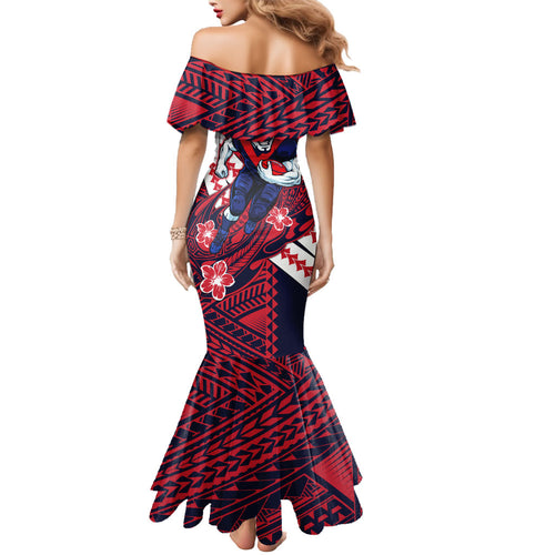 Personalized Melbourne Demons Mermaid Dress Polynesian Tribal Demon Mascot With Hibiscus Floral Art