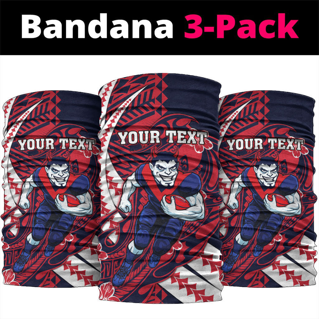 Personalized Melbourne Demons Neck Gaiter Polynesian Tribal Demon Mascot With Hibiscus Floral Art