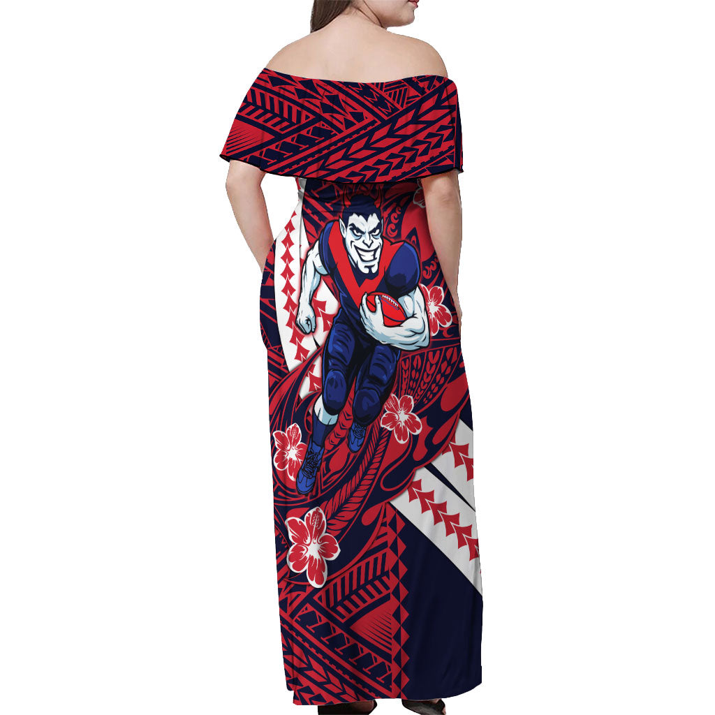 Personalized Melbourne Demons Off Shoulder Maxi Dress Polynesian Tribal Demon Mascot With Hibiscus Floral Art