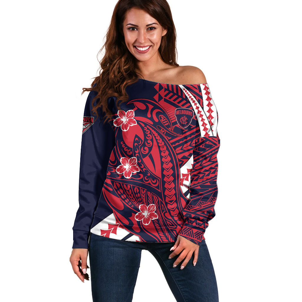 Personalized Melbourne Demons Off Shoulder Sweater Polynesian Tribal Demon Mascot With Hibiscus Floral Art