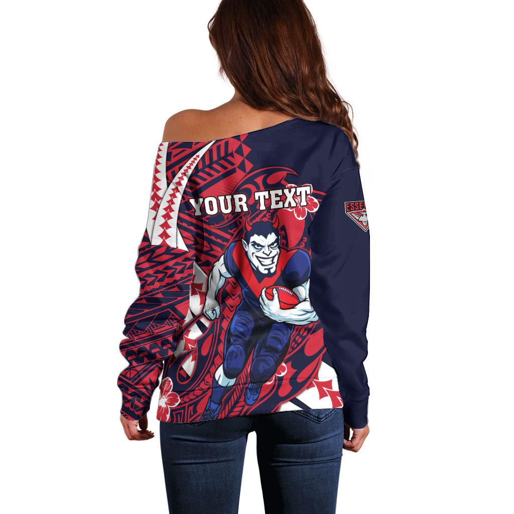 Personalized Melbourne Demons Off Shoulder Sweater Polynesian Tribal Demon Mascot With Hibiscus Floral Art
