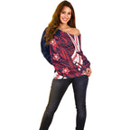 Personalized Melbourne Demons Off Shoulder Sweater Polynesian Tribal Demon Mascot With Hibiscus Floral Art