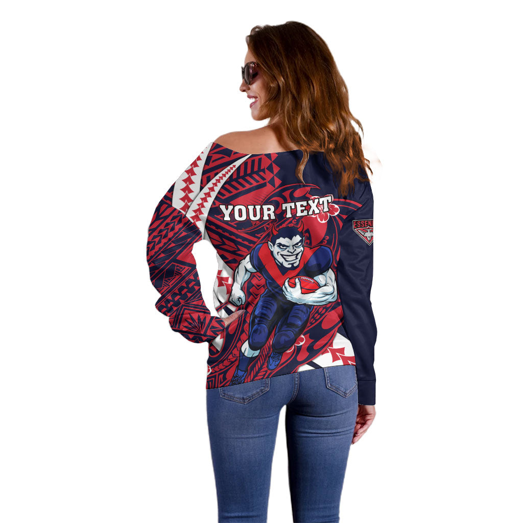 Personalized Melbourne Demons Off Shoulder Sweater Polynesian Tribal Demon Mascot With Hibiscus Floral Art