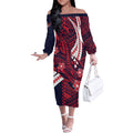 Personalized Melbourne Demons Off The Shoulder Long Sleeve Dress Polynesian Tribal Demon Mascot With Hibiscus Floral Art