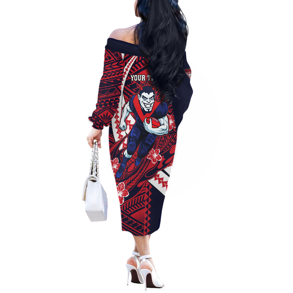 Personalized Melbourne Demons Off The Shoulder Long Sleeve Dress Polynesian Tribal Demon Mascot With Hibiscus Floral Art