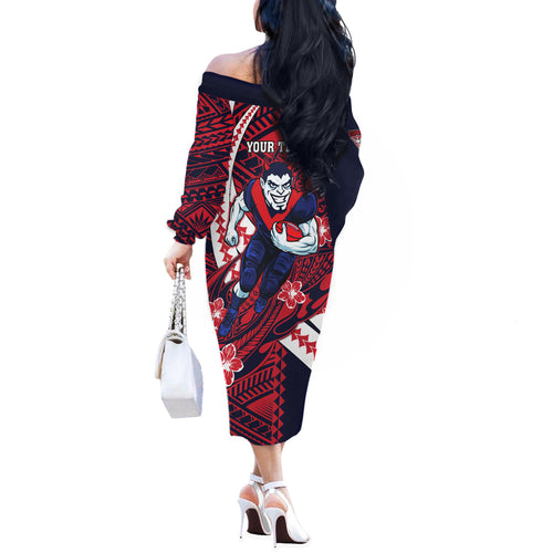 Personalized Melbourne Demons Off The Shoulder Long Sleeve Dress Polynesian Tribal Demon Mascot With Hibiscus Floral Art