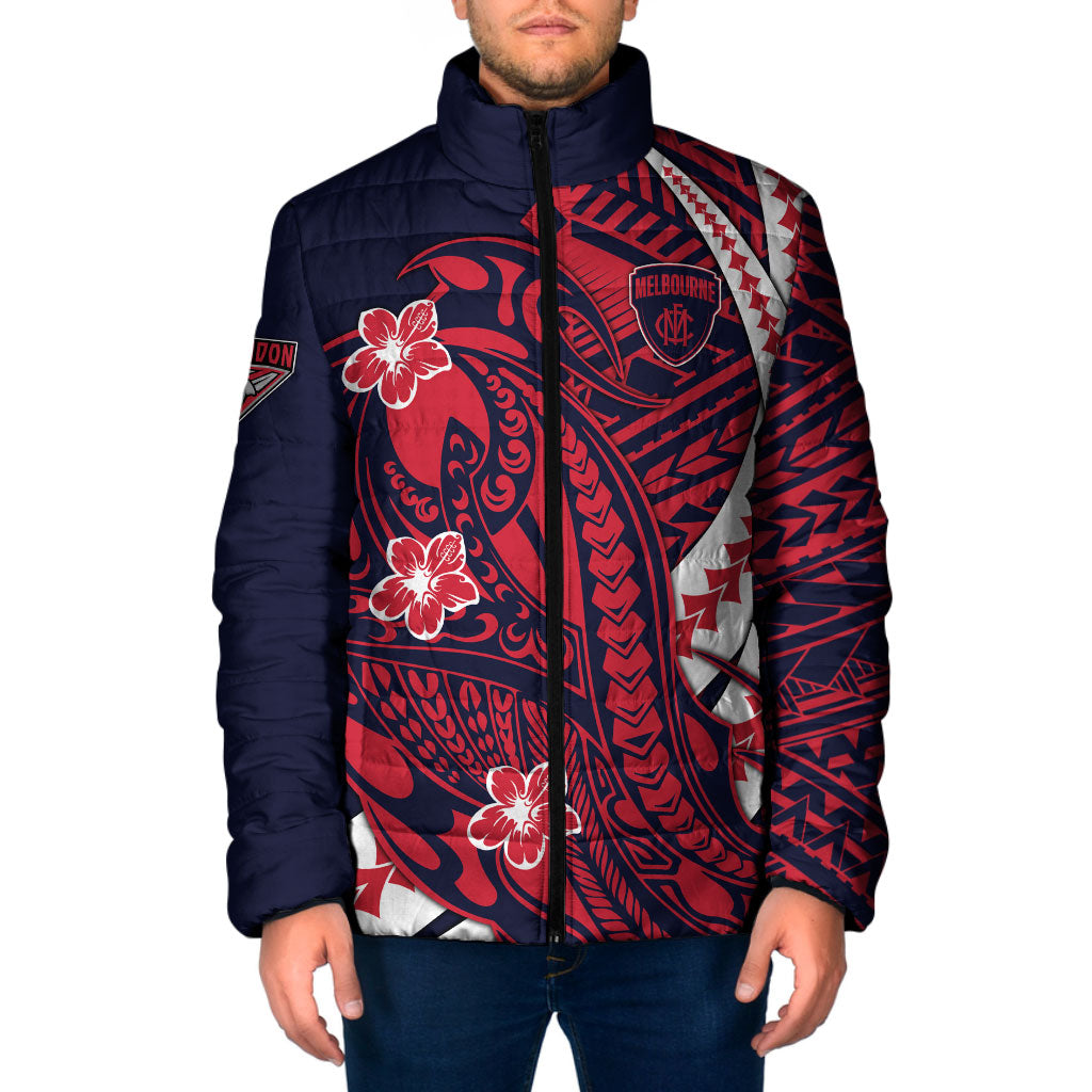Personalized Melbourne Demons Padded Jacket Polynesian Tribal Demon Mascot With Hibiscus Floral Art
