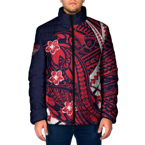 Personalized Melbourne Demons Padded Jacket Polynesian Tribal Demon Mascot With Hibiscus Floral Art
