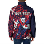 Personalized Melbourne Demons Padded Jacket Polynesian Tribal Demon Mascot With Hibiscus Floral Art