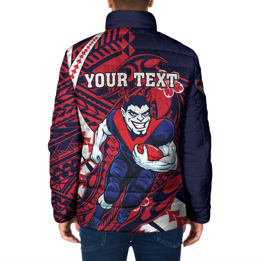 Personalized Melbourne Demons Padded Jacket Polynesian Tribal Demon Mascot With Hibiscus Floral Art