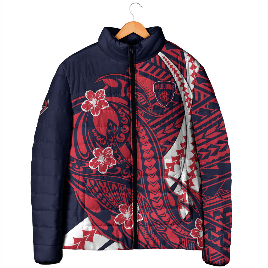 Personalized Melbourne Demons Padded Jacket Polynesian Tribal Demon Mascot With Hibiscus Floral Art