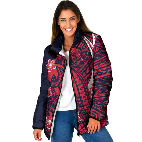 Personalized Melbourne Demons Padded Jacket Polynesian Tribal Demon Mascot With Hibiscus Floral Art