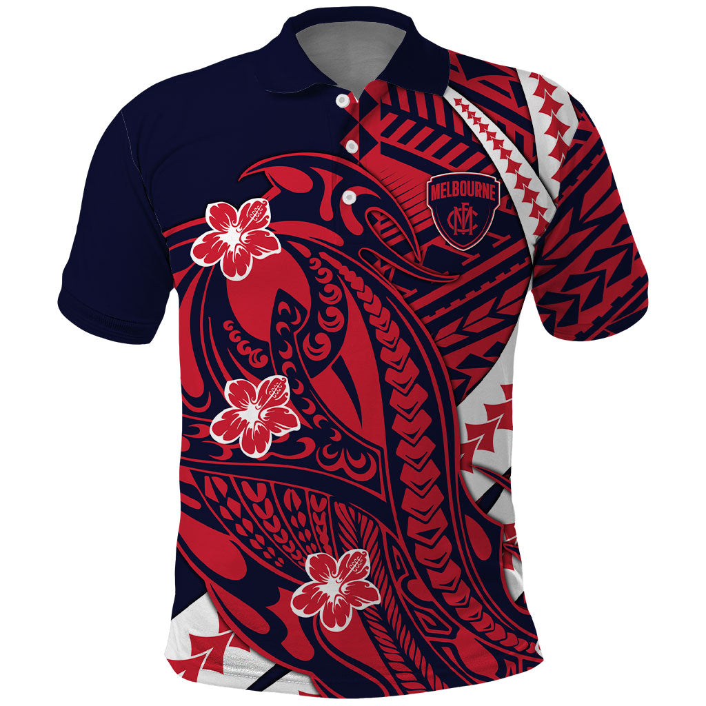 Personalized Melbourne Demons Polo Shirt Polynesian Tribal Demon Mascot With Hibiscus Floral Art