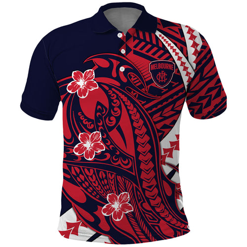 Personalized Melbourne Demons Polo Shirt Polynesian Tribal Demon Mascot With Hibiscus Floral Art