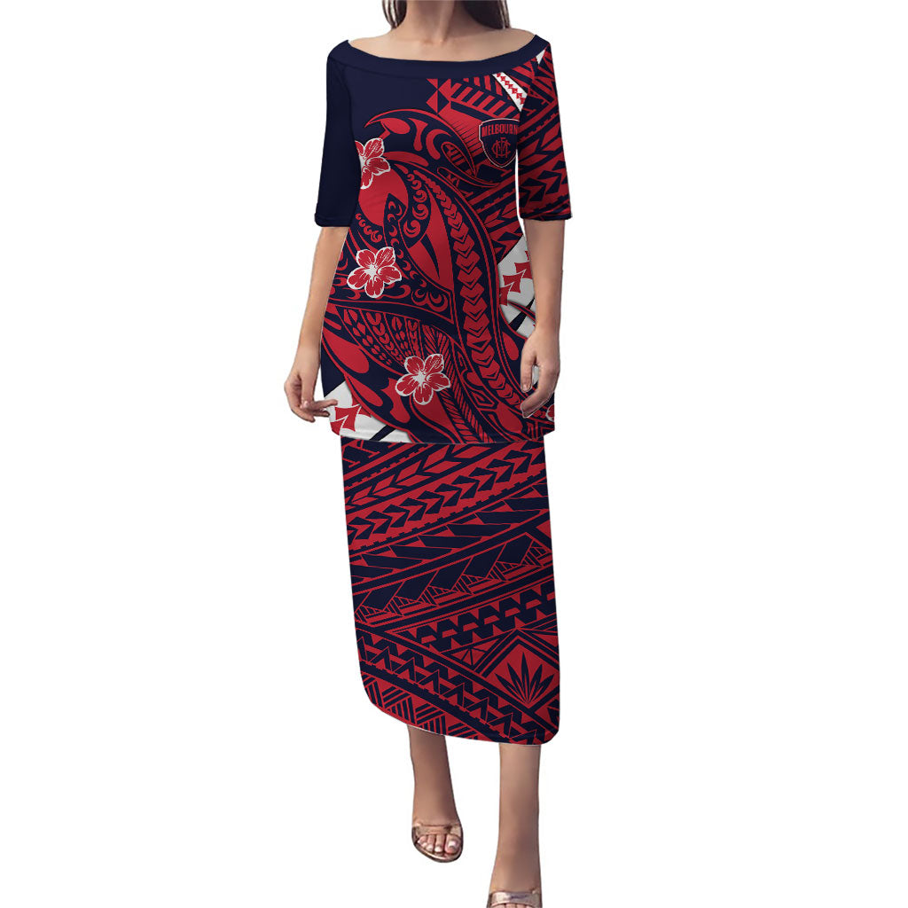 Personalized Melbourne Demons Puletasi Polynesian Tribal Demon Mascot With Hibiscus Floral Art