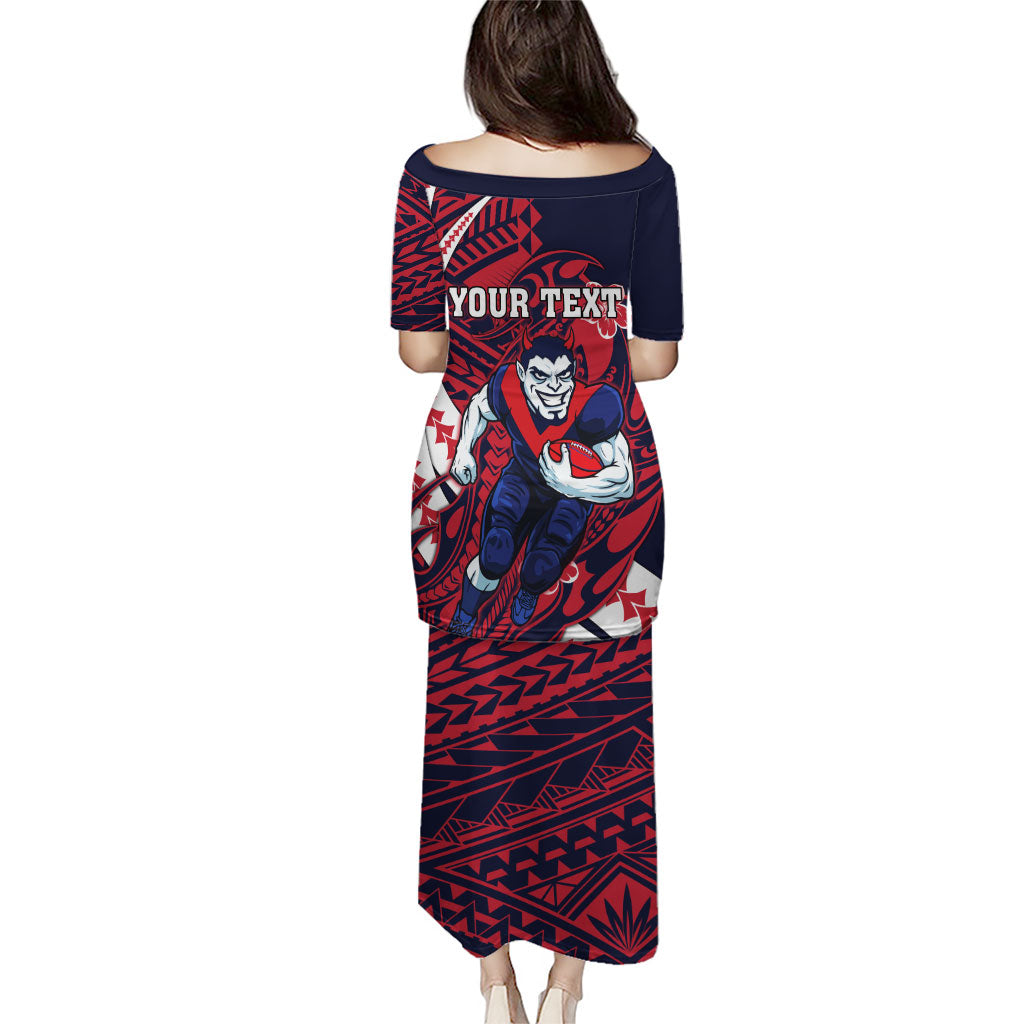 Personalized Melbourne Demons Puletasi Polynesian Tribal Demon Mascot With Hibiscus Floral Art
