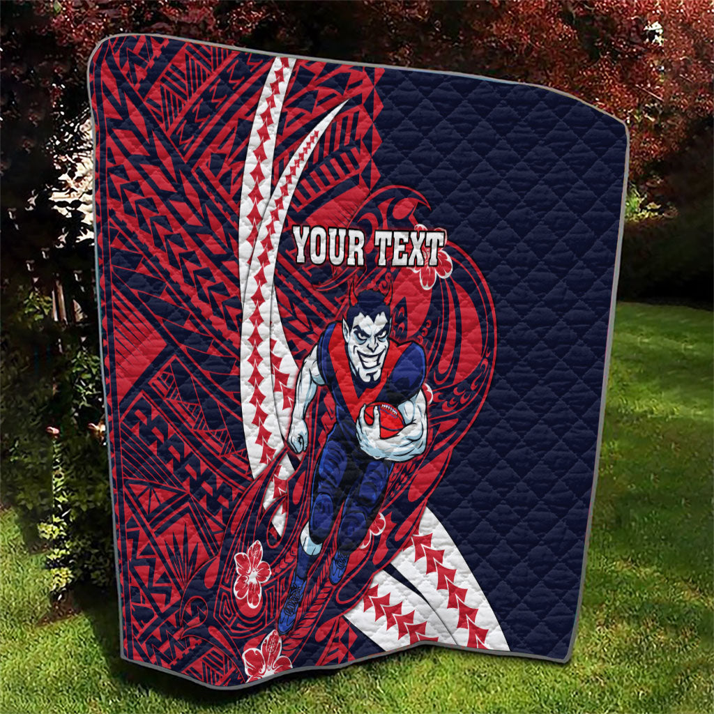 Personalized Melbourne Demons Quilt Polynesian Tribal Demon Mascot With Hibiscus Floral Art