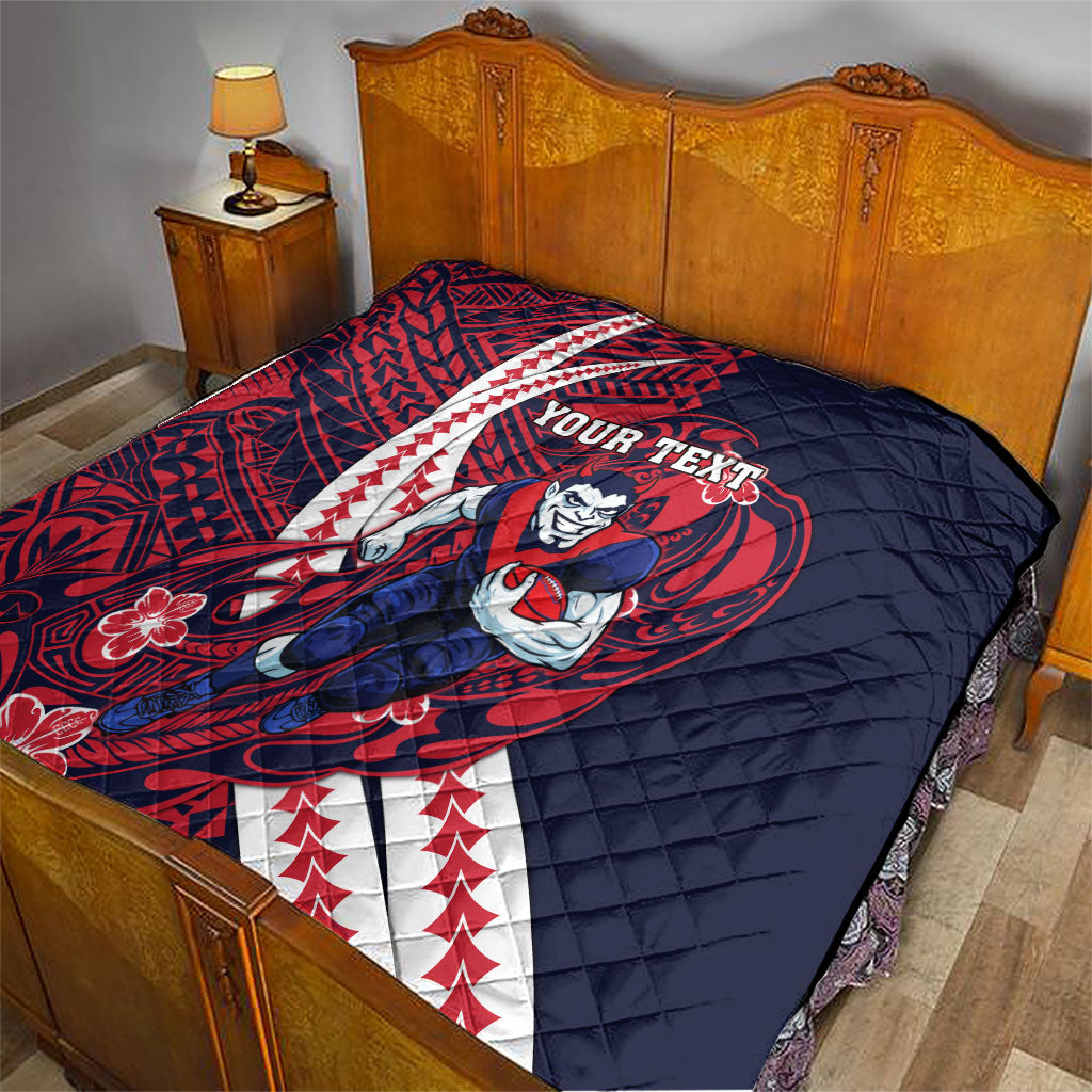 Personalized Melbourne Demons Quilt Polynesian Tribal Demon Mascot With Hibiscus Floral Art