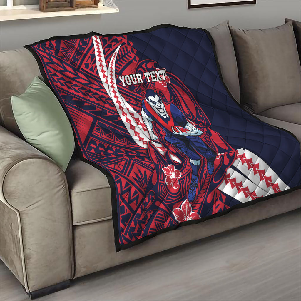 Personalized Melbourne Demons Quilt Polynesian Tribal Demon Mascot With Hibiscus Floral Art