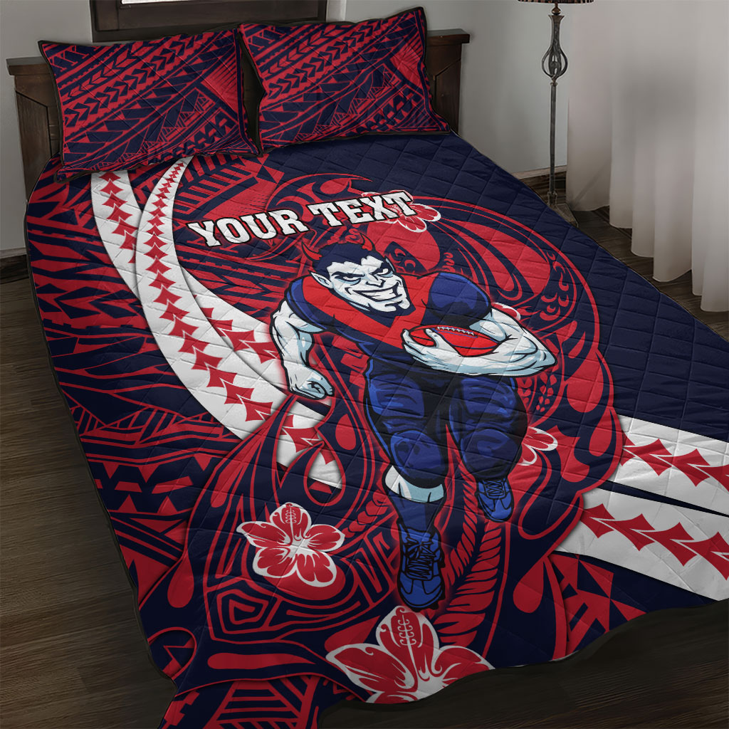 Personalized Melbourne Demons Quilt Bed Set Polynesian Tribal Demon Mascot With Hibiscus Floral Art