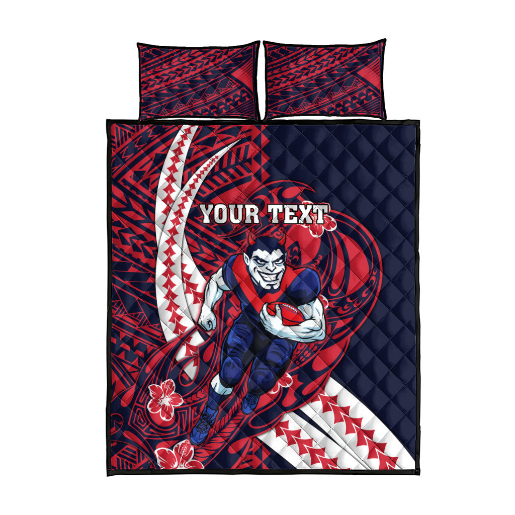 Personalized Melbourne Demons Quilt Bed Set Polynesian Tribal Demon Mascot With Hibiscus Floral Art