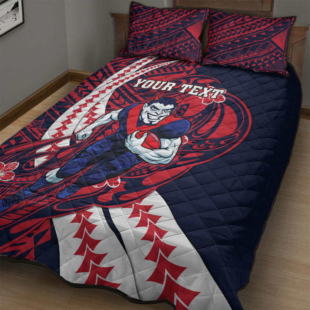Personalized Melbourne Demons Quilt Bed Set Polynesian Tribal Demon Mascot With Hibiscus Floral Art