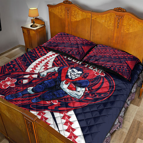 Personalized Melbourne Demons Quilt Bed Set Polynesian Tribal Demon Mascot With Hibiscus Floral Art