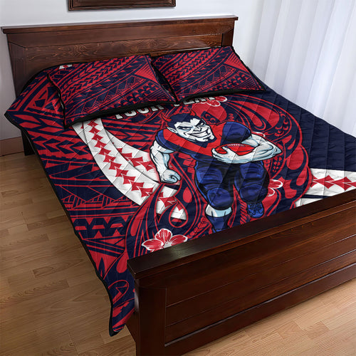 Personalized Melbourne Demons Quilt Bed Set Polynesian Tribal Demon Mascot With Hibiscus Floral Art