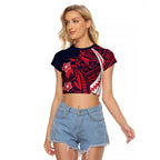 Personalized Melbourne Demons Raglan Cropped T Shirt Polynesian Tribal Demon Mascot With Hibiscus Floral Art