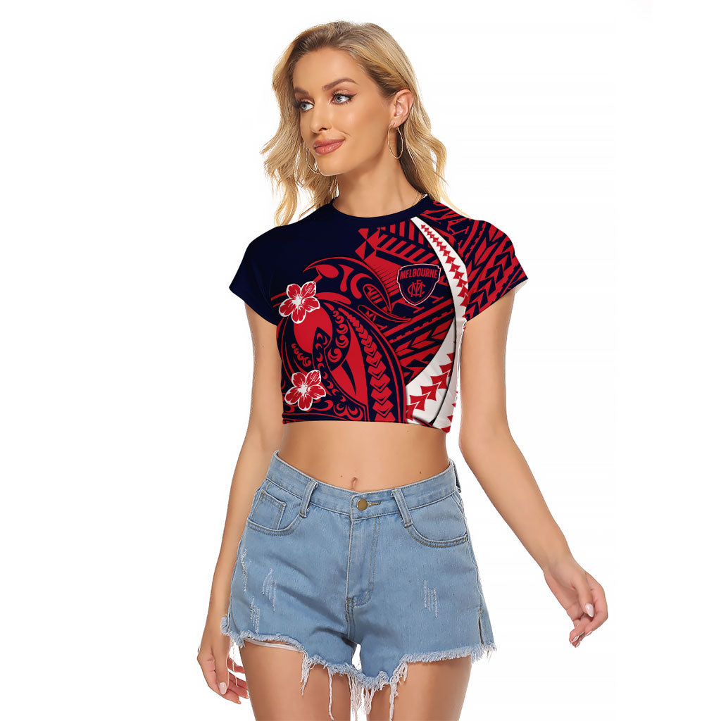 Personalized Melbourne Demons Raglan Cropped T Shirt Polynesian Tribal Demon Mascot With Hibiscus Floral Art