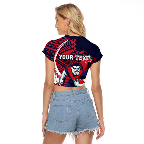 Personalized Melbourne Demons Raglan Cropped T Shirt Polynesian Tribal Demon Mascot With Hibiscus Floral Art