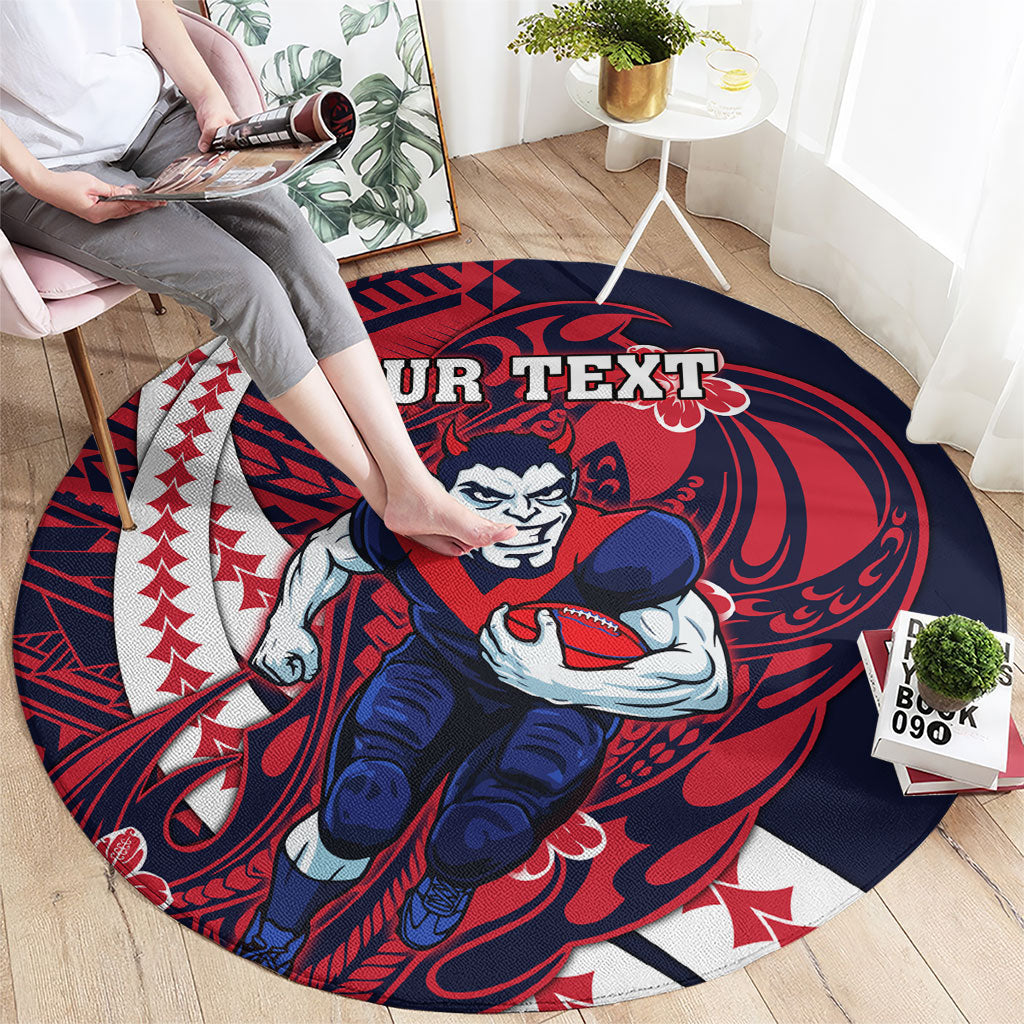 Personalized Melbourne Demons Round Carpet Polynesian Tribal Demon Mascot With Hibiscus Floral Art