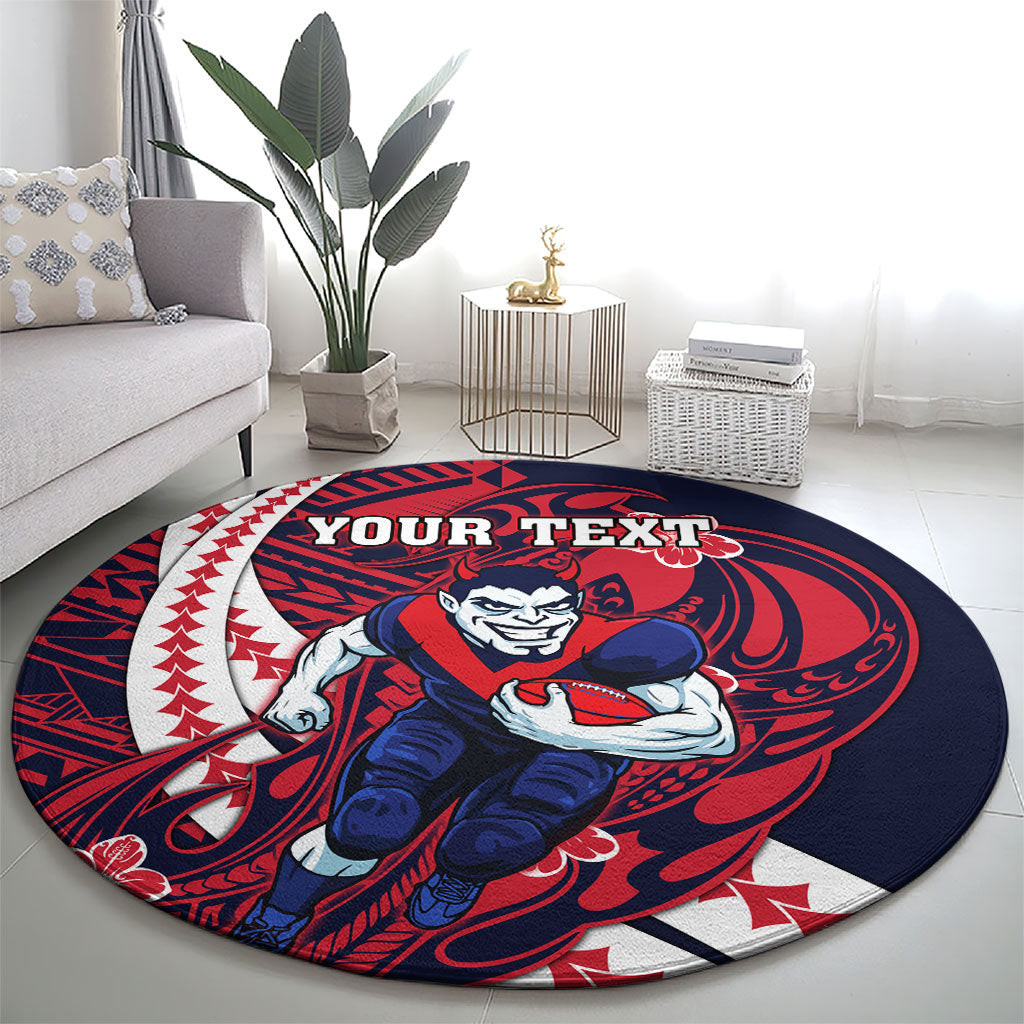 Personalized Melbourne Demons Round Carpet Polynesian Tribal Demon Mascot With Hibiscus Floral Art