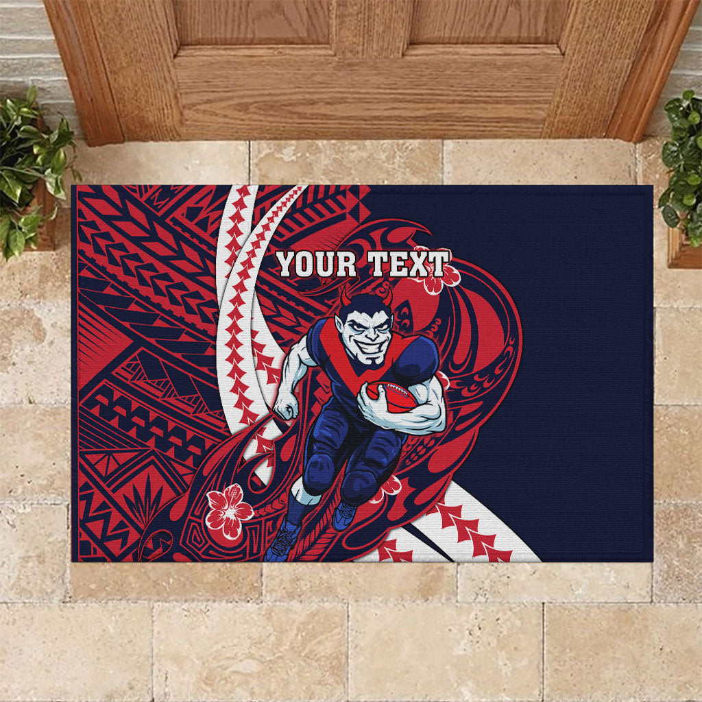 Personalized Melbourne Demons Rubber Doormat Polynesian Tribal Demon Mascot With Hibiscus Floral Art