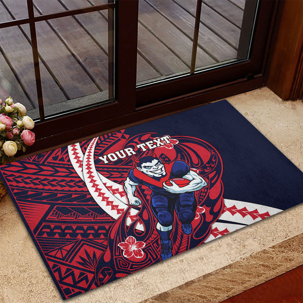 Personalized Melbourne Demons Rubber Doormat Polynesian Tribal Demon Mascot With Hibiscus Floral Art