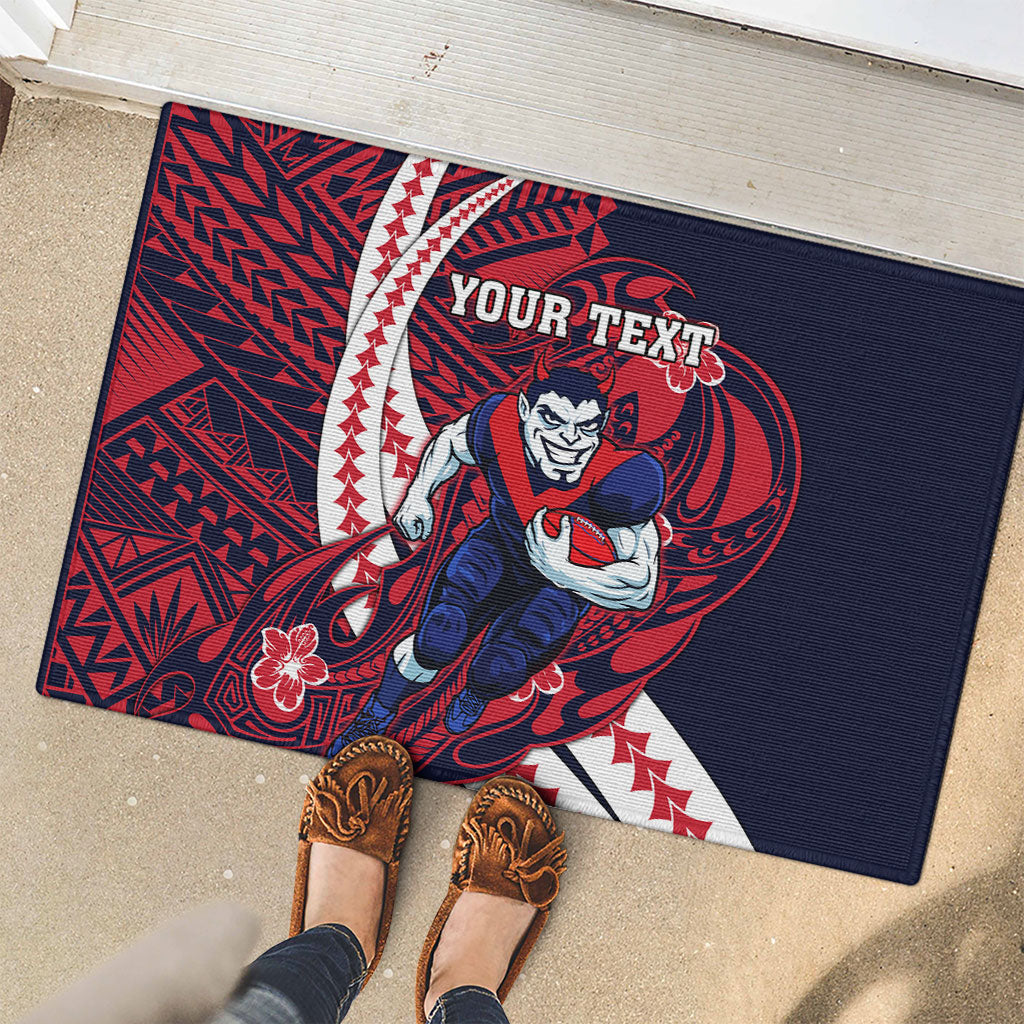 Personalized Melbourne Demons Rubber Doormat Polynesian Tribal Demon Mascot With Hibiscus Floral Art