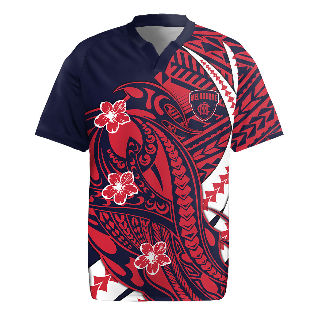 Personalized Melbourne Demons Rugby Jersey Polynesian Tribal Demon Mascot With Hibiscus Floral Art