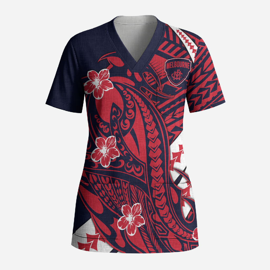 Personalized Melbourne Demons Scrub Top Polynesian Tribal Demon Mascot With Hibiscus Floral Art